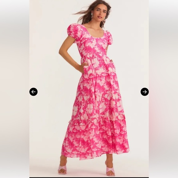 LoveShackFancy Dresses & Skirts - LoveShackFancy Pink Floral Tiered Puff-Sleeve Maxi Dress